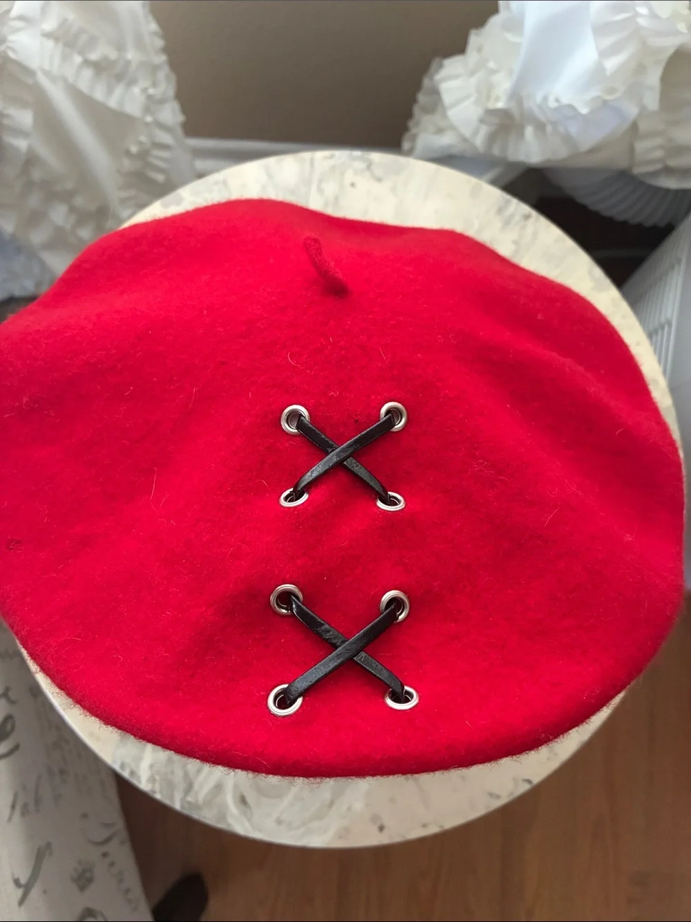 Nordstrom 100% Wool Beret Italy corset-style lace-up accent ribbon tie front